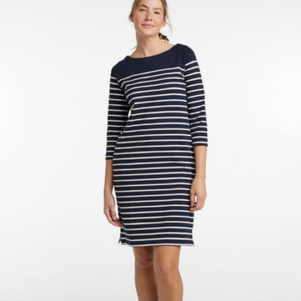 LL Bean S Women's 100% Cotton Heritage Mariner Dress Stripe Navy/White New